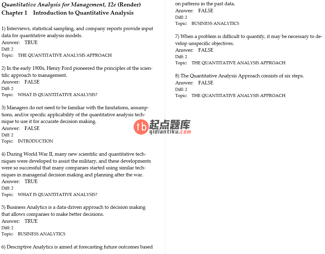test bank for Quantitative Analysis for Management 12th Edition