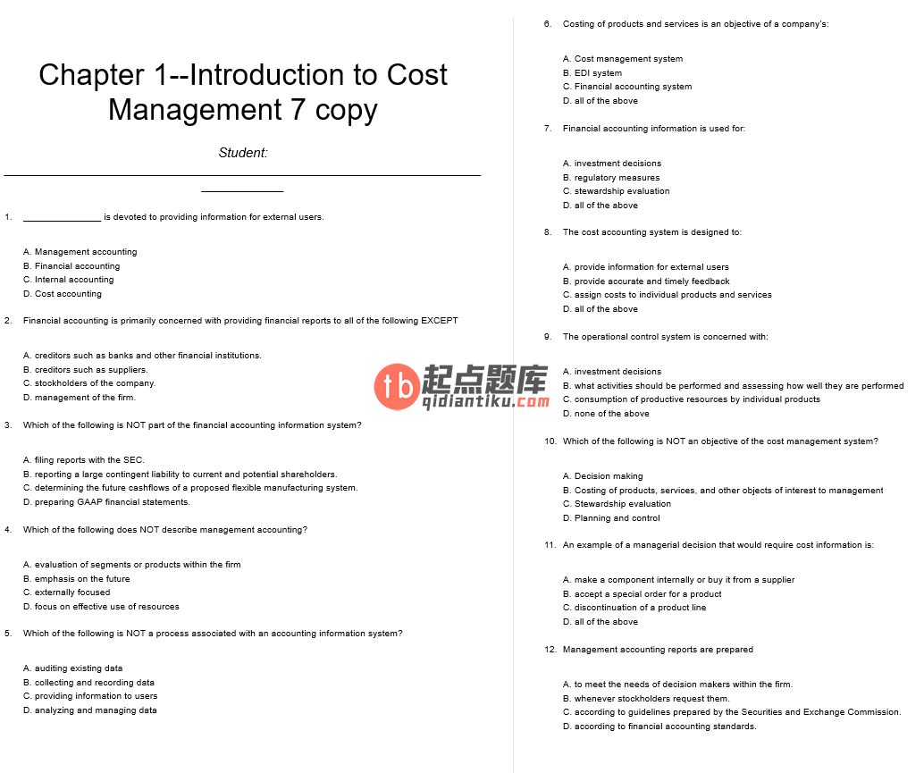 test bank for Cost Management: Accounting and Control 6th edition by Don R. Hansen