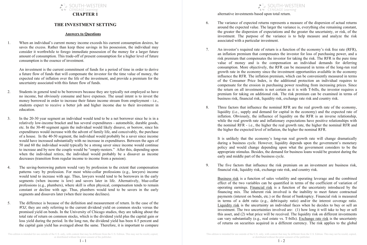 solution manual for Analysis of Investments and Management of Portfolios 9th Edition