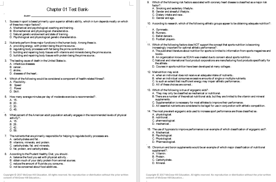 test bank for Nutrition for Health Fitness and Sport 11th Edition