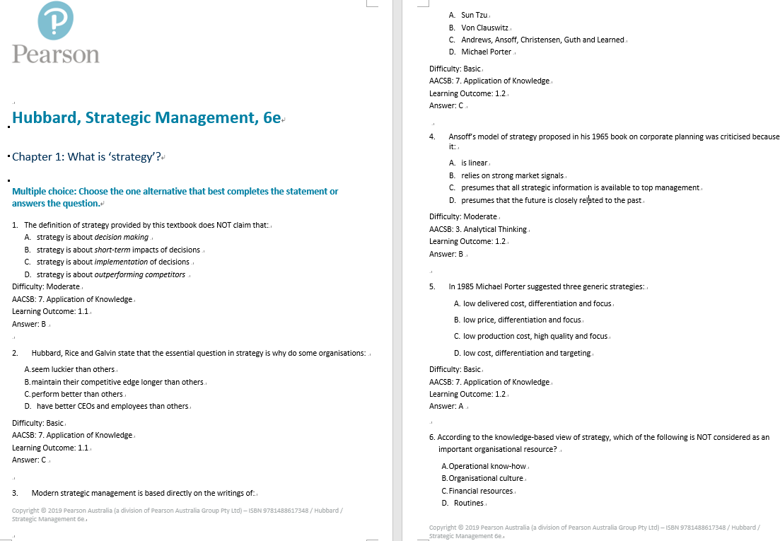 test bank for Strategic Management 6th Edition By Graham Hubbard