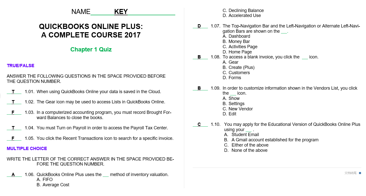 Test bank for QuickBooks® Online Plus: A Complete Course 2017 2nd Edition by Janet Horne