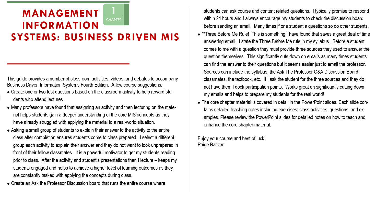 Solution manual and Instructor manual for Business Driven Information Systems 4th Edition by Paige Baltzan