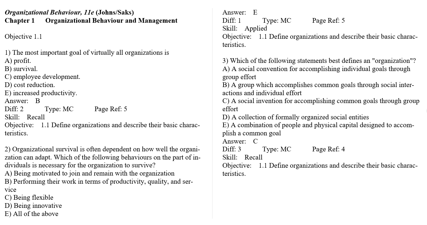 Test bank for Organizational Behaviour: Understanding and Managing Life at Work 11th edition by Gary Johns