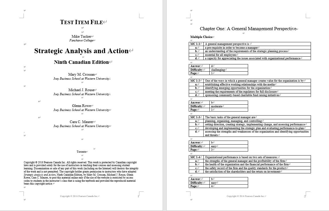 Test bank for Strategic Analysis and Action 9th Edition by Mary M. Crossan