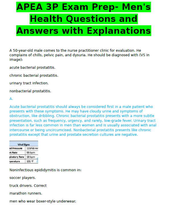 APEA 3P Exam Prep Mens Health Questions and Answers with Explanations