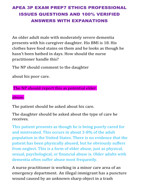 APEA 3P EXAM PREP7 ETHICS PROFESSIONAL ISSUES QUESTIONS AND 100% VERIFIED ANSWERS WITH EXPANATIONS