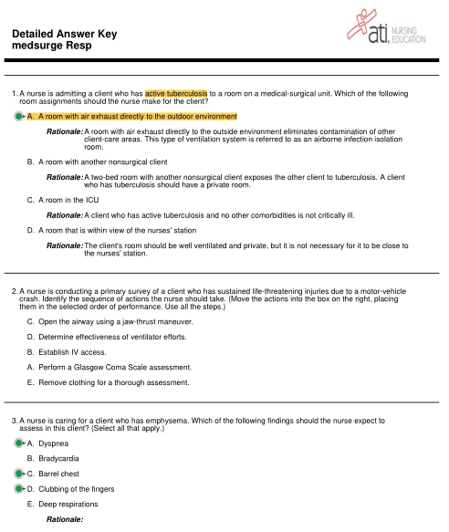 ATI Medical Surgical Respiratory Detailed Answer Key LATEST VERSION