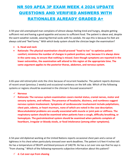 NR 509 APEA 3P EXAM WEEK 4 2024 UPDATE QUESTIONS AND VERIFIED ANSWERS WITH RATIONALES ALREADY GRADED A+