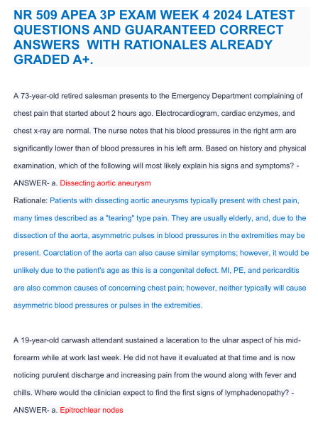 NR 509 APEA 3P EXAM WEEK 4 2024 LATEST QUESTIONS AND GUARANTEED CORRECT ANSWERS WITH RATIONALES ALREADY GRADED A+