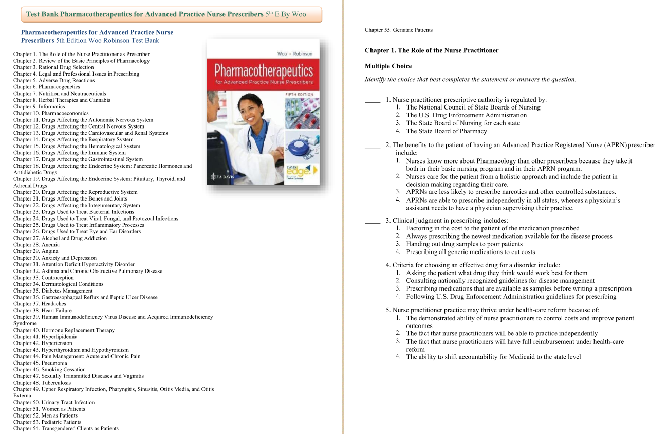 Test Bank for Pharmacotherapeutics for Advanced Practice Nurse Prescribers 5th Edition by Teri Moser Woo