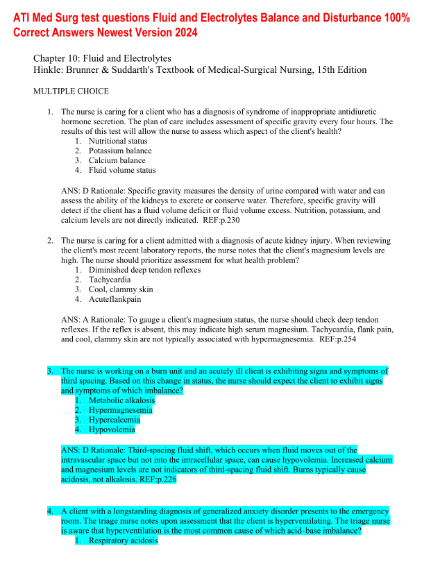 ATI Med Surg test questions Fluid and Electrolytes Balance and Disturbance 100% Correct Answers Newest Version 2024