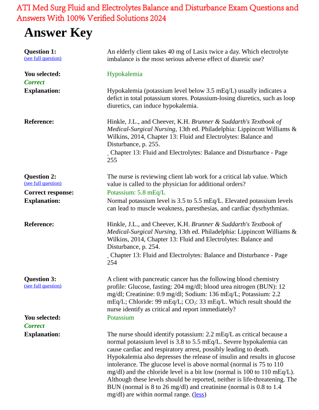 ATI Med Surg Fluid and Electrolytes Balance and Disturbance Exam Questions and Answers With 100% Verified Solutions 2024