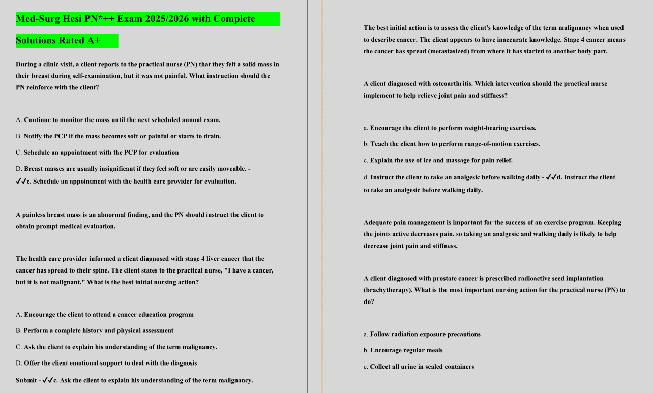 Hesi PN Med-Surg Exam Actual 2025 Questions and Answers (2025 / 2026)(Verified Answers)