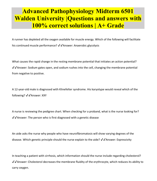 Advanced Pathophysiology Midterm 6501 Walden University I Questions and answers with 100% correct solutions | A+ Grade