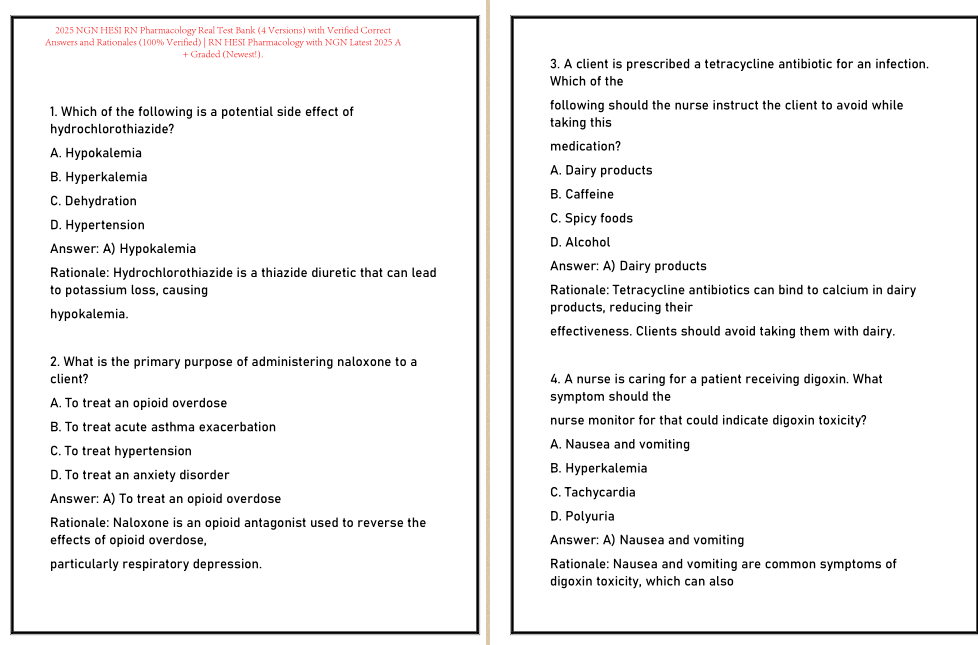 2025 NGN HESI RN Pharmacology Real Test Bank (4 Versions) with Verified Correct Answers and Rationales (100% Verified) | RN HESI Pharmacology with NGN Latest 2025 A+ Graded (Newest!).