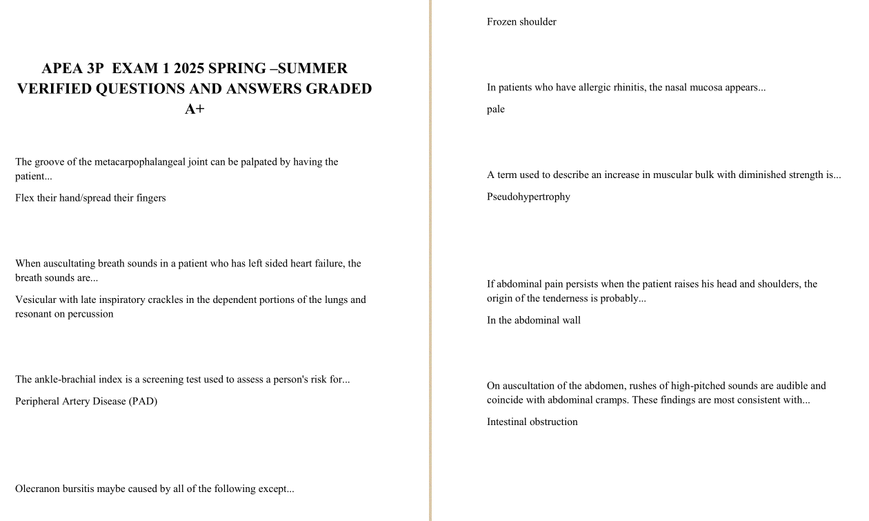 APEA 3P EXAM 1 2025 SPRING SUMMER VERIFIED QUESTIONS AND ANSWERS GRADED A+