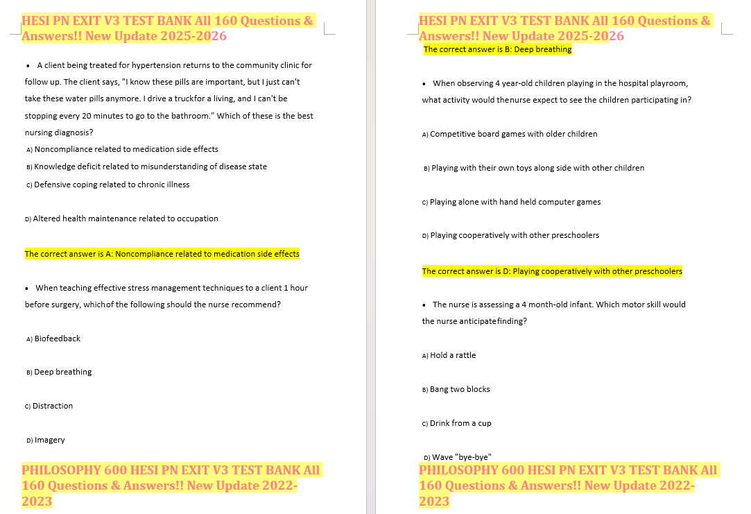 HESI PN EXIT V3 TEST BANK All 160 Questions & Answers!! New Update 2025-2026