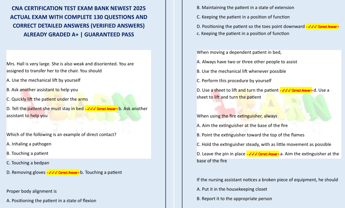 CNA CERTIFICATION TEST EXAM BANK NEWEST 2025 ACTUAL EXAM WITH COMPLETE 130 QUESTIONS AND CORRECT DETAILED ANSWERS